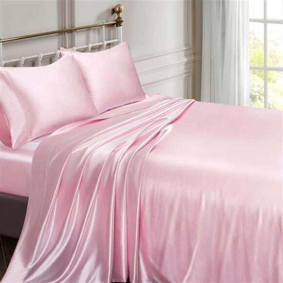 Satin Sheets Full Size Silky Soft Satin Bed Sheets Pink Sheet Set,1 Deep Pocket - Picture 2 of 7